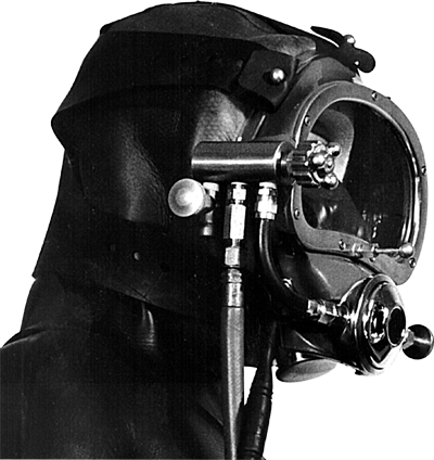 Kirby Morgan Mask in use at km for tough work. Diving with air from the  surface (replacement of copper diving helmet). Introduced in 1987 at km.  Possible to switch to Bail Out (